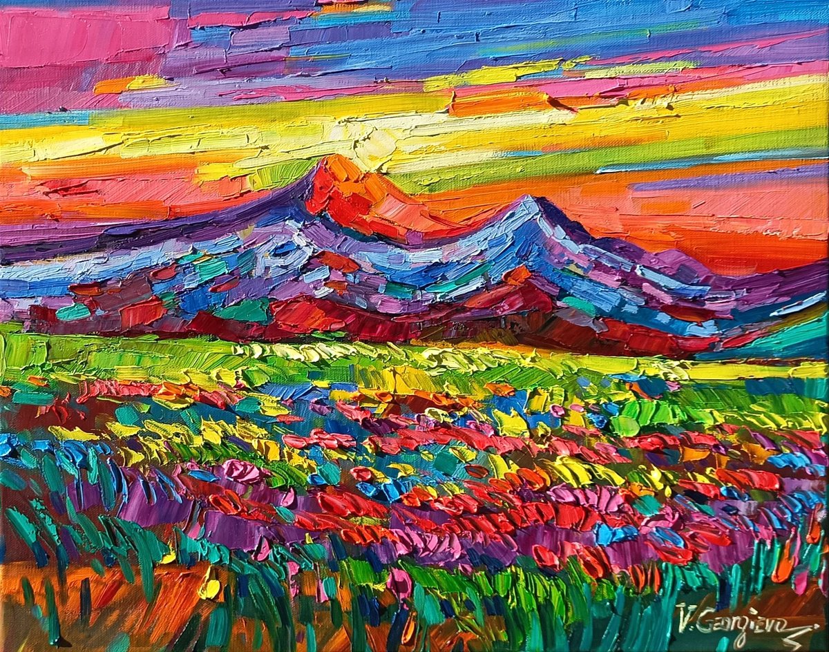 Expressive Landscape Oil Painting By Vanya Georgieva, 20 X 16", Sunset In The Mountain 2, Original Artwork