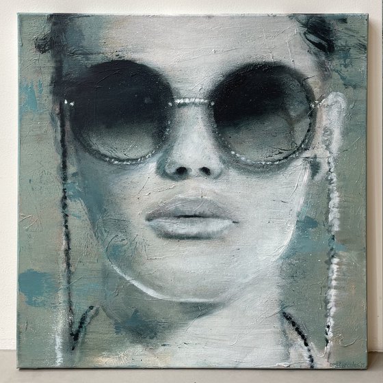 Kris | Beautiful model woman face portrait painted in oil on canvas framed painting blue green white grunge romantic by RKHercules