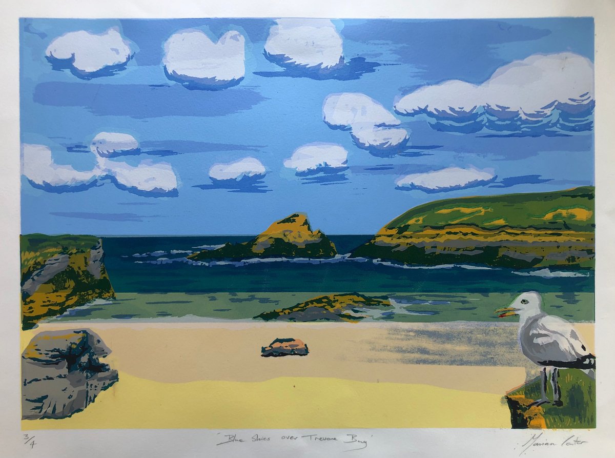 Illustrative Animal Screenprint By Marian Carter, 22 X 17", Blue Skies Over Trevone Bay, Original Artwork