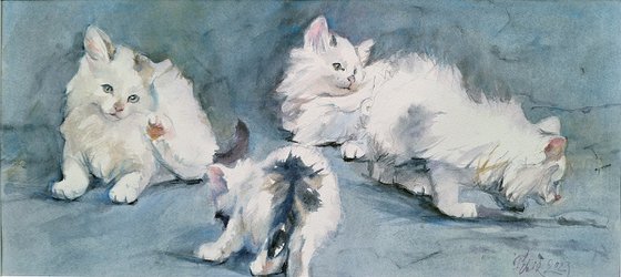 "Curious kittens" (watercolor painting for kids room)