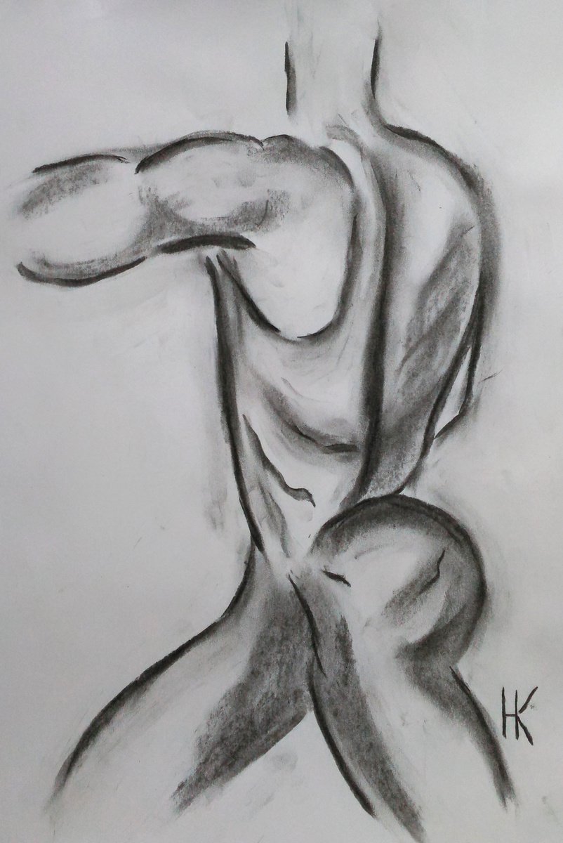 male nude original charcoal sketch black monochrome artwork by Halyna Kirichenko