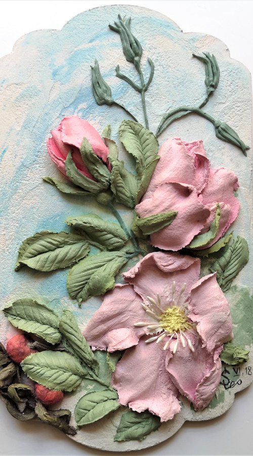 Summer rosehip - light bas-relief with pink dogrose flowers 25x15x3 cm. by Irina Stepanova