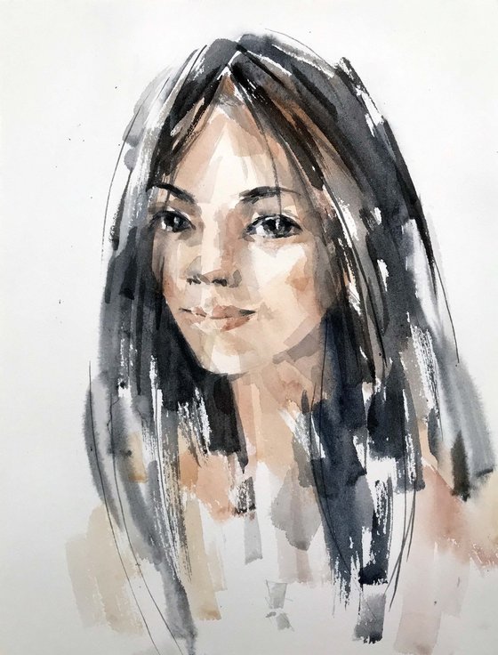 Girl from Asia. Portrait. one of a kind, original painting.