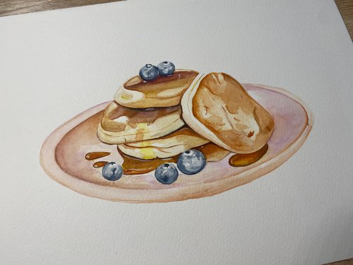 Pancakes and blueberries watercolour painting by Bethany Taylor