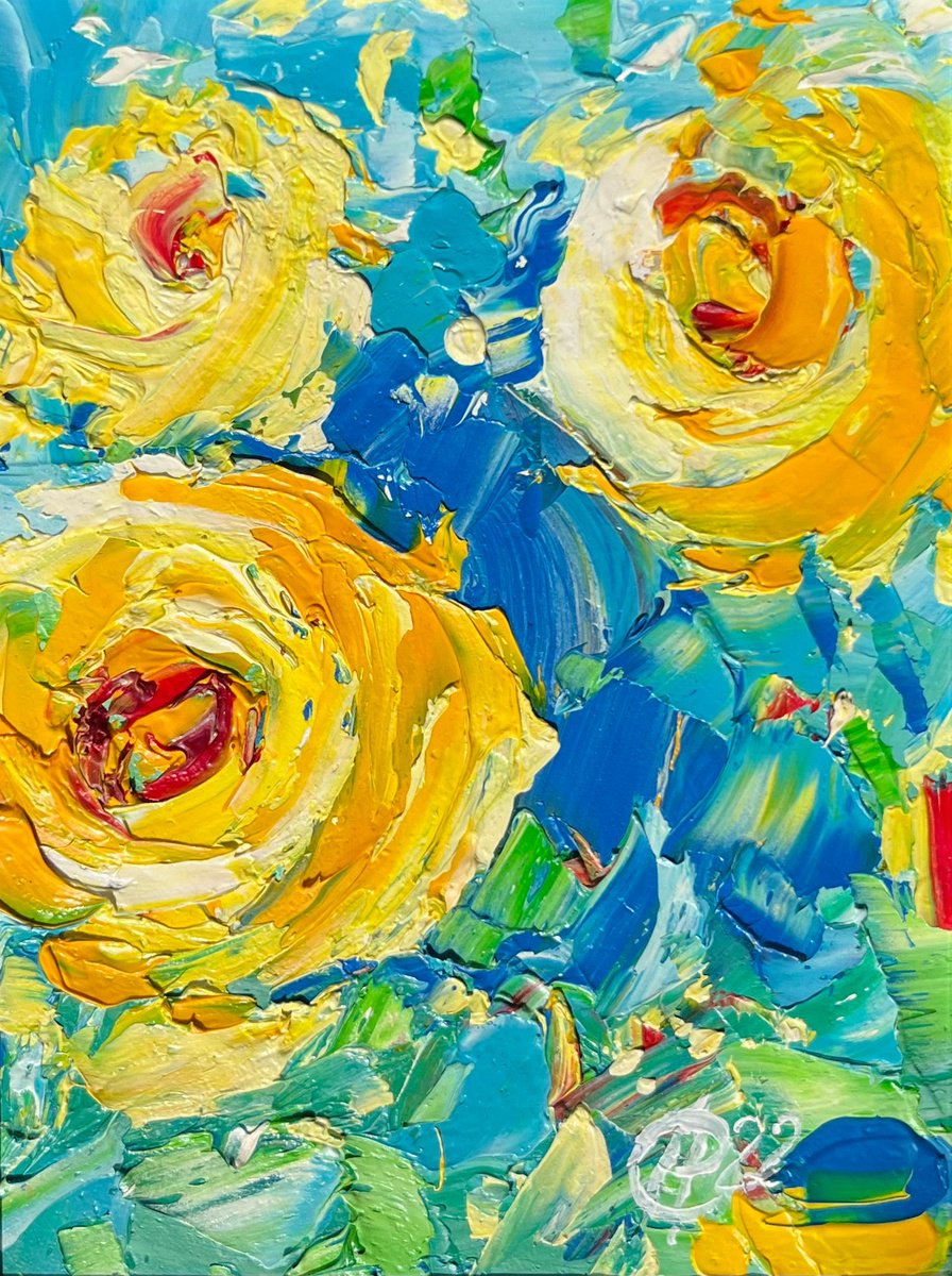 Abstract Botanical Oil Painting By Svitlana Andriichenko, 7 X 9", Three Yellow, Original Artwork