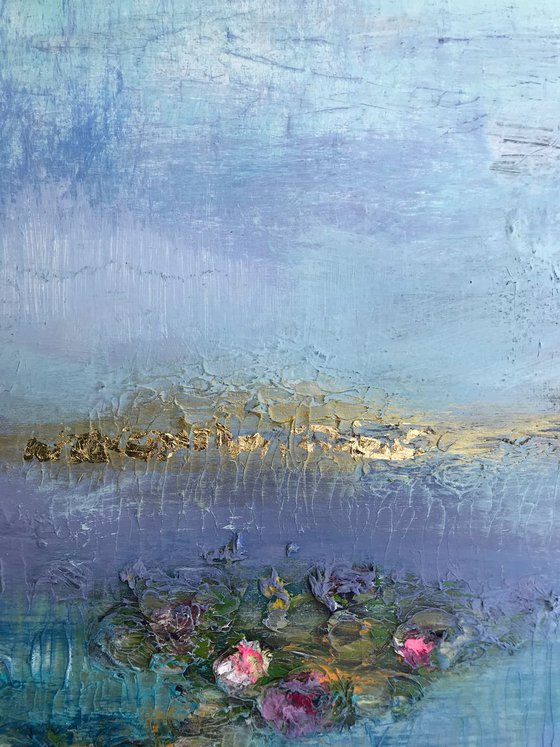 Water lilies 2 abstract impressionistic floral soft blue and purple hues with gold leaf