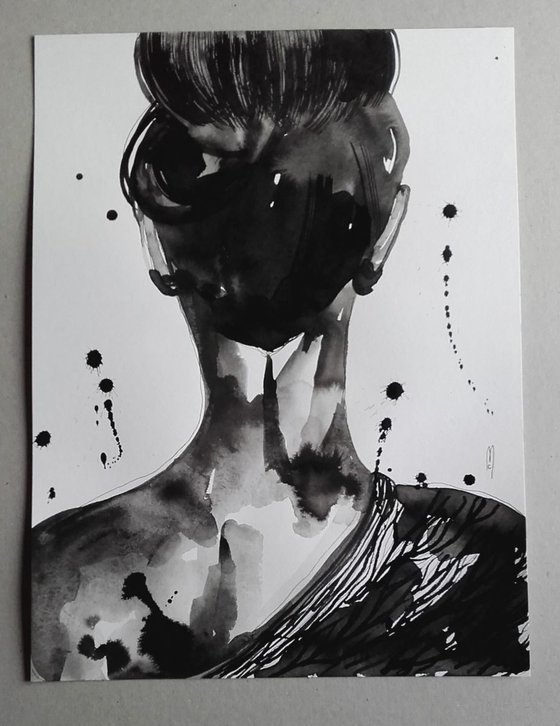 Woman Back Drawing Ink Watercolor