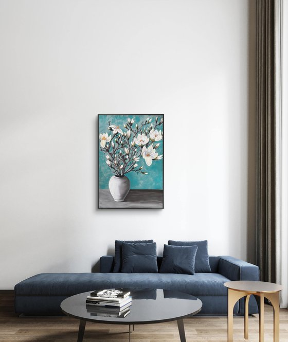 Big size White magnolia in vase