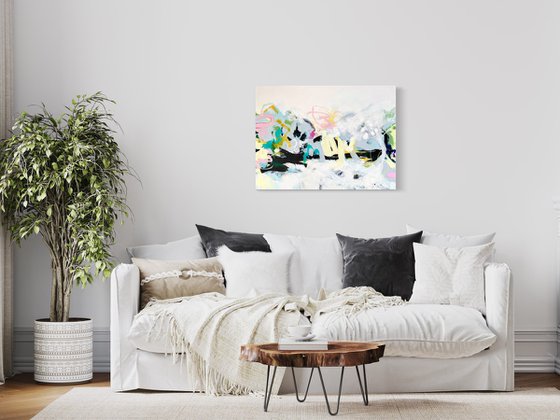 HERE WE ARE - 60 X 80 CM - ABSTRACT PAINTING ON CANVAS * YELLOW * WHITE * GREEN
