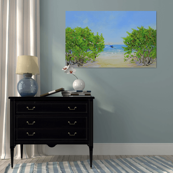 COASTAL PARADISE. SANIBEL ISLAND BEACH. Tropical Island Seascape Painting of Florida Beach and Fishing Boat.