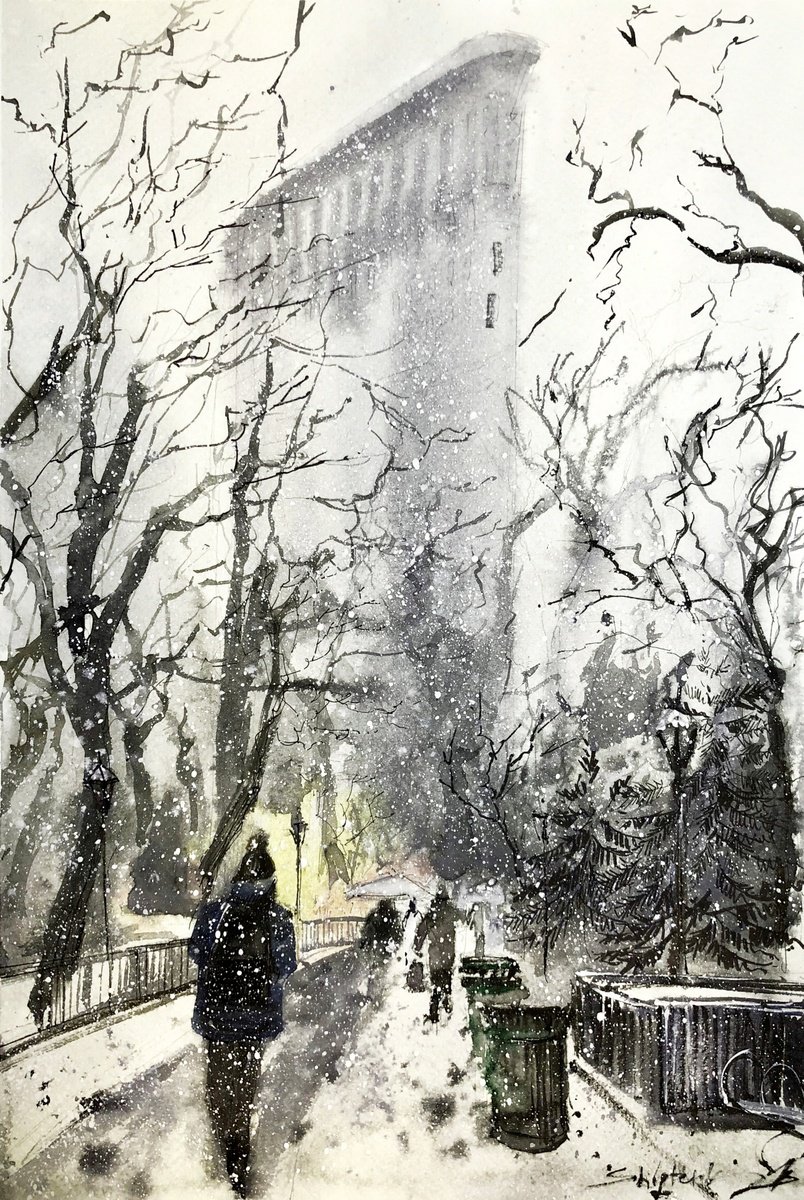 Photorealistic Watercolour , Winter Central Park By Bogdan Shiptenko, 12 X 16, Artwork For Sale On Artfinder