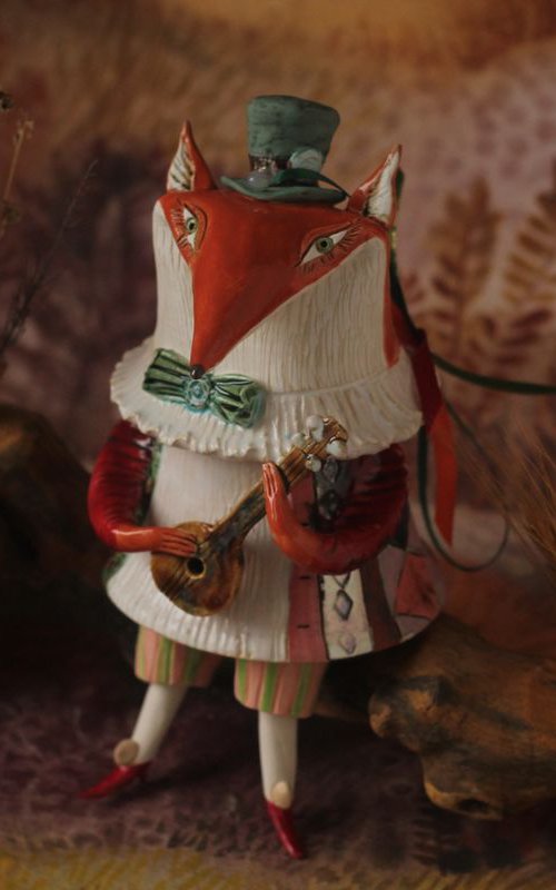 FOX WITH A MANDOLIN, SCULPTURED CERAMIC BELL DOLL 2017 by Elya Yalonetski