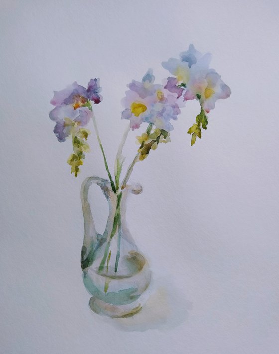 Little bunch of freesias. Original watercolour painting.