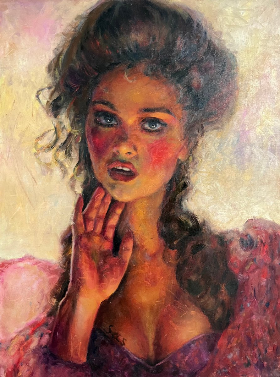 Portrait Oil Painting By Liubou Sas, 24 X 31", Pink Rose, Original Artwork