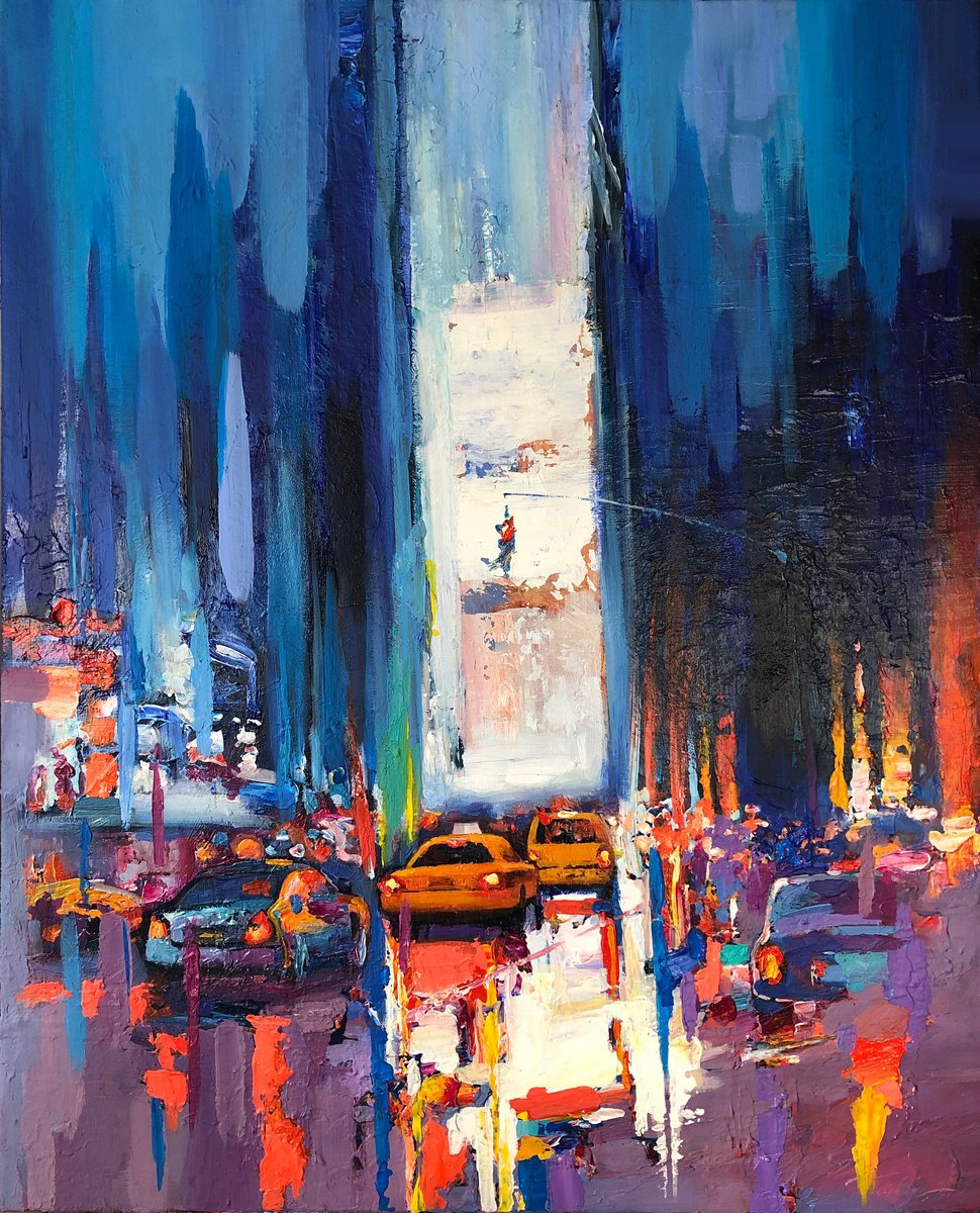 Impressionistic Landscape Acrylic Painting By Viacheslav Zaykin, 26 X 32", New York. Rainy Street | Expressive Night, Artfinder