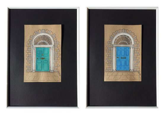 Azure and turquoise doors - Set of 2 architecture mixed media drawings