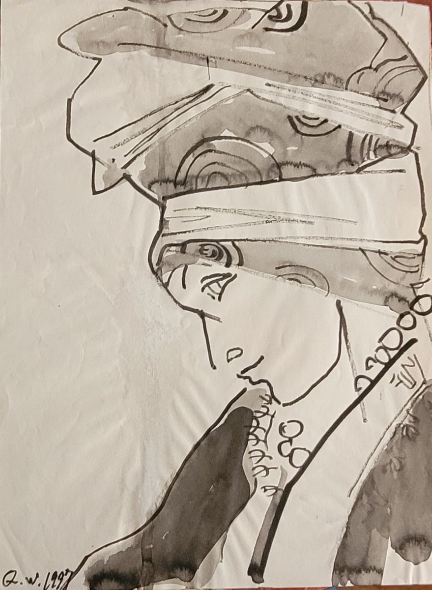 Expressive Portrait Ink Drawing By Qi Debrah, 9 X 12", Fashion Model Life Drawing 4, Original Artwork