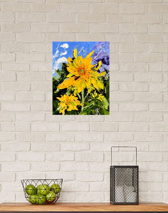 Sunflower Painting Floral Original Art Flower Small Oil Impasto Palette Knife Artwork 8 by 10 inches