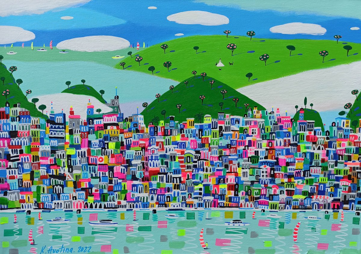 Impressionistic Landscape Acrylic Painting By Katrina Avotina, 28 X 20", Above The Mountains, Original Artwork