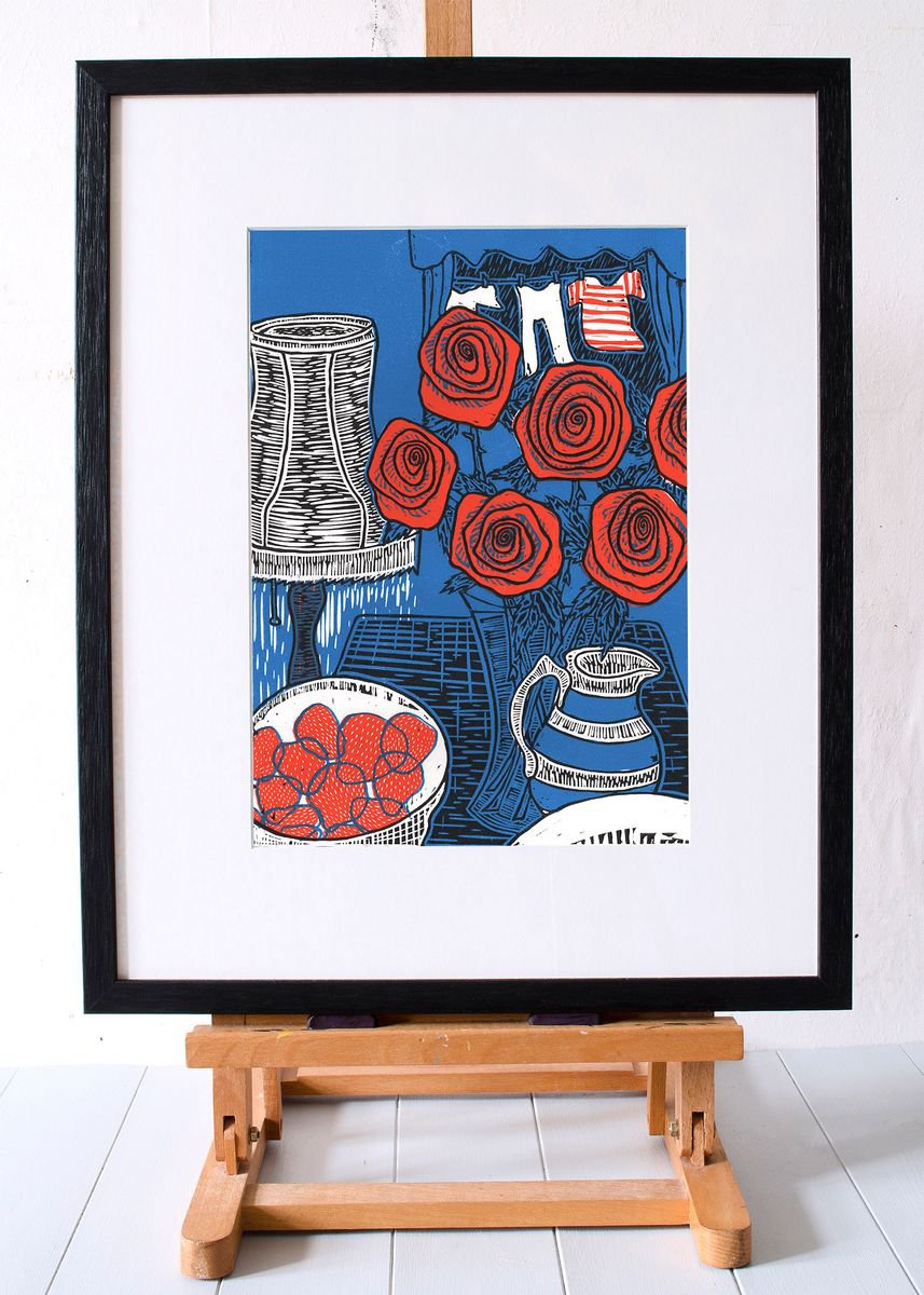Still life with Roses - Original Limited Edition Linocut (unframed) by Faisal Khouja