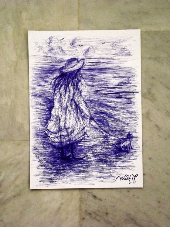 THE LONG WAIT - SEASIDE GIRL - Blue ink drawing on paper - 20.5x30cm