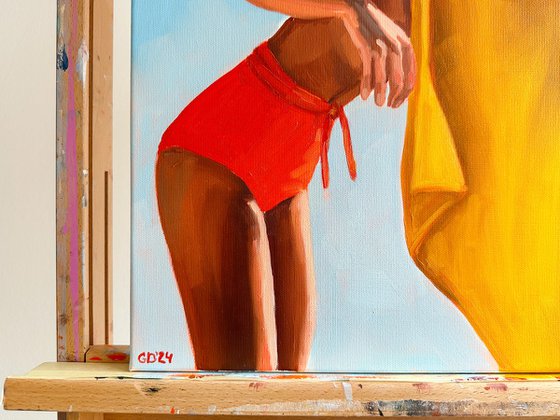 Girl with Yellow Towel - Woman on Beach Painting