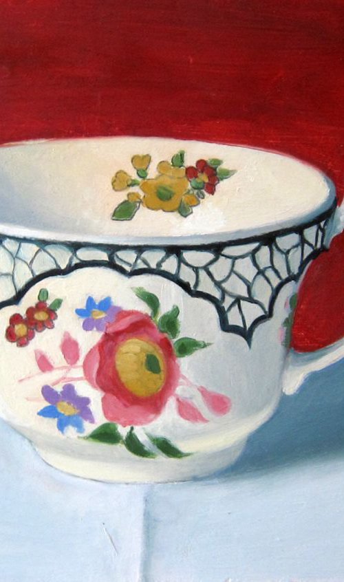 Cup on red background by Sophie Colmer-Stocker