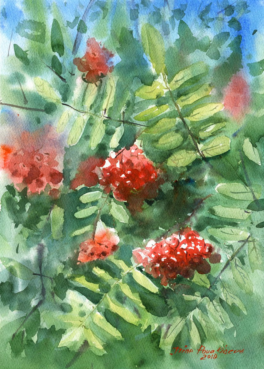 Red berries on tree original watercolor painting, red and green impressionistic artwork, s... by Irina Povaliaeva