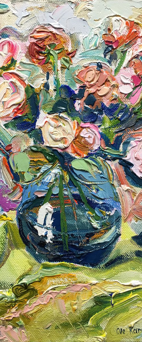 Pink Roses on Blue Vase by Ole Karako