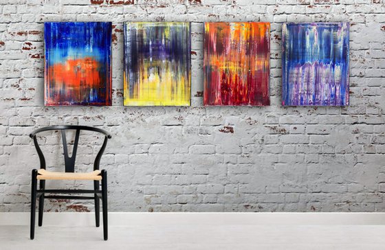 "Melting Point" - Save As A Series - Original Large PMS Abstract Quadriptych Oil Paintings On Canvas - 64" x 20"