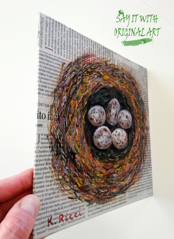 "Nest on Newspaper" Original Oil on Canvas Board Painting 8 by 8 inches (20x20 cm)