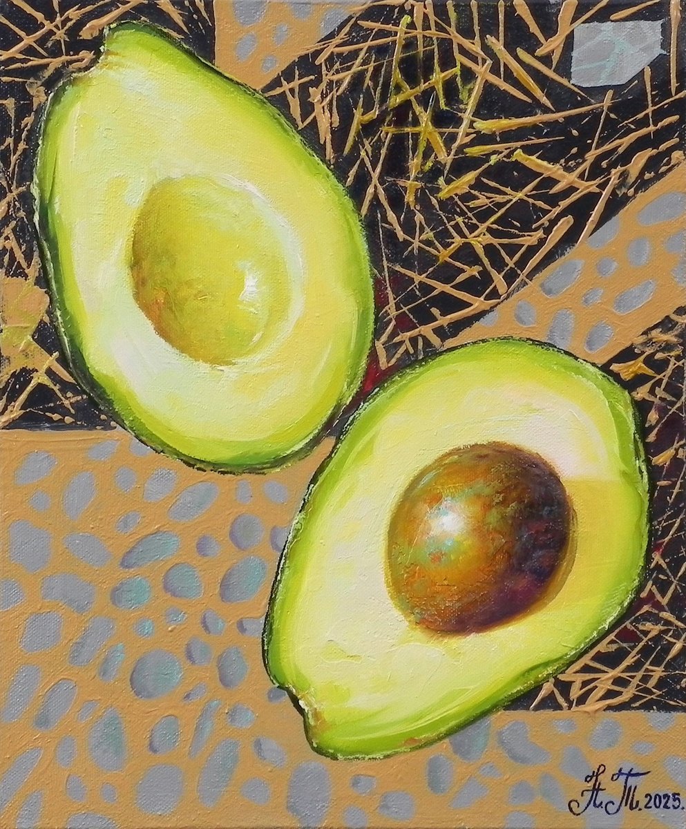 Abstract Still Life Oil Painting By Tetiana Novikova, 10 X 12", "Avocado Ii", Original Artwork
