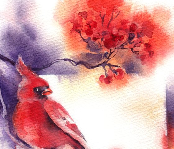 "New year card with rowan and cardinal bird" original watercolor artwork small format