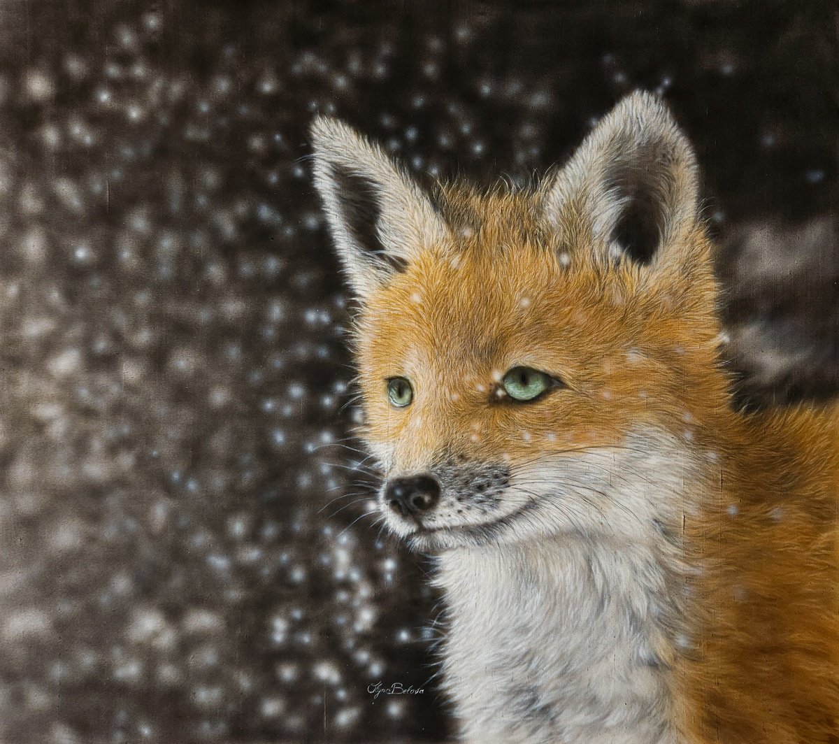 -Fox & snow-? Silk painted portrait by Olga Belova