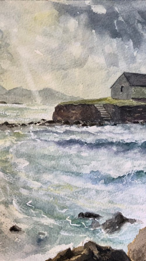 St Cwyfan’s Church, Early Morning Storm - Watercolour 2023 by Bryn Humphreys