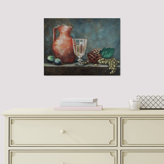 Still Life with Figs, original gift with meaning, original gift, home decor, Still Life with Grapes, Still Life with Figs, Still Life with Jug, Clay Jug, realistic painting, glass with water, still life for the kitchen, still life for the living room
