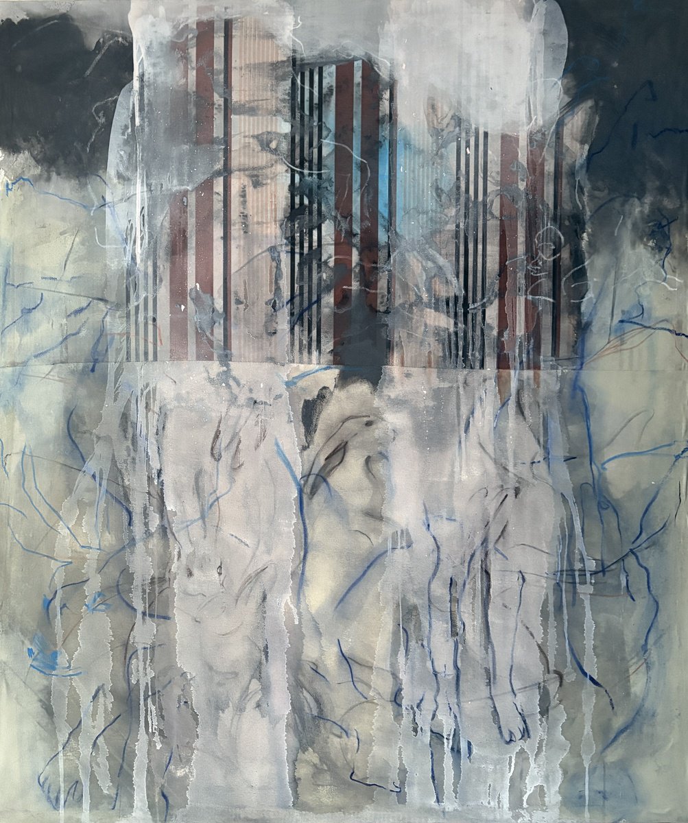 Abstract Painting By Gela Mikava, 54 X 63, Grey Figurative Abstraction, Original Artwork