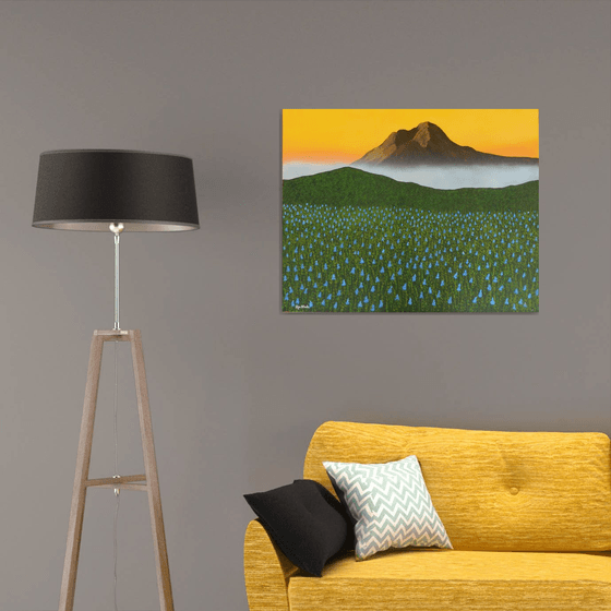 Mystic Morning -  mystic mountain mist and bluebonnet landscape; home, office decor; gift idea