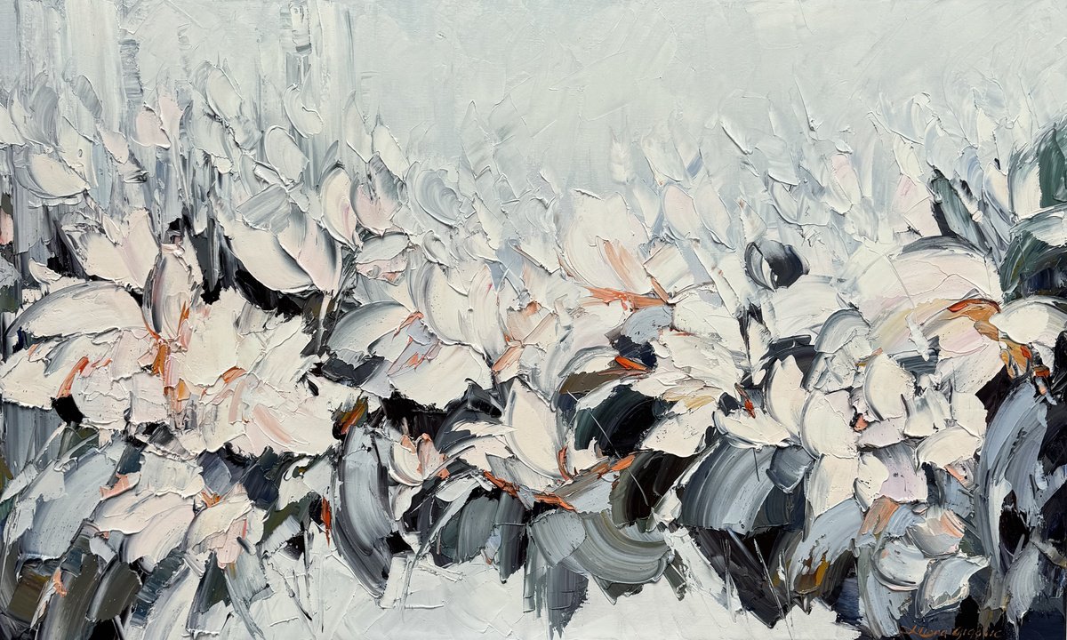 Impressionistic Botanical Oil Painting By Liliana Gigovic, 60 X 36", White Magnolia No 37, Original Artwork