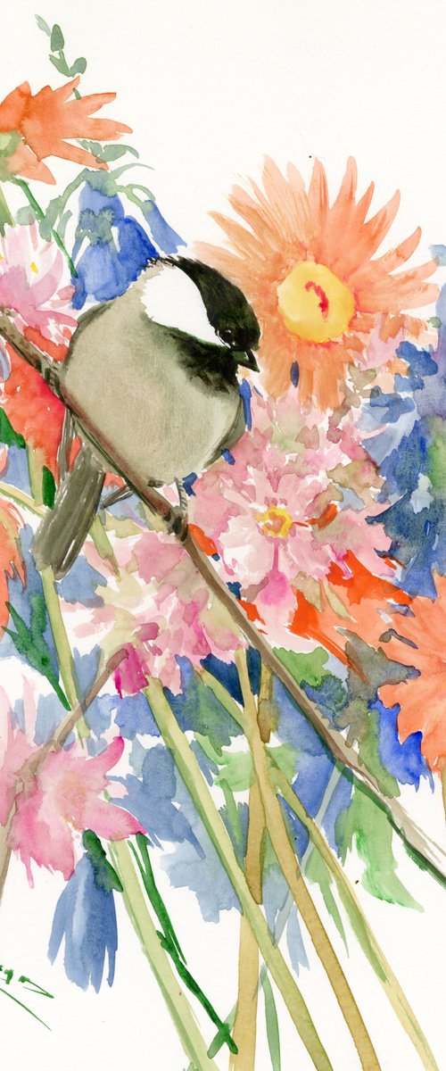 Chickadee and Flowers by Suren Nersisyan