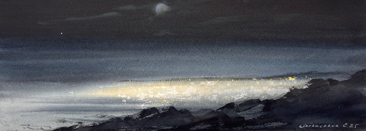 Impressionistic Watercolour , Cyprus Moonlit Secrets By Eugenia Gorbacheva, 15 X 6, Artwork For Sale On Artfinder