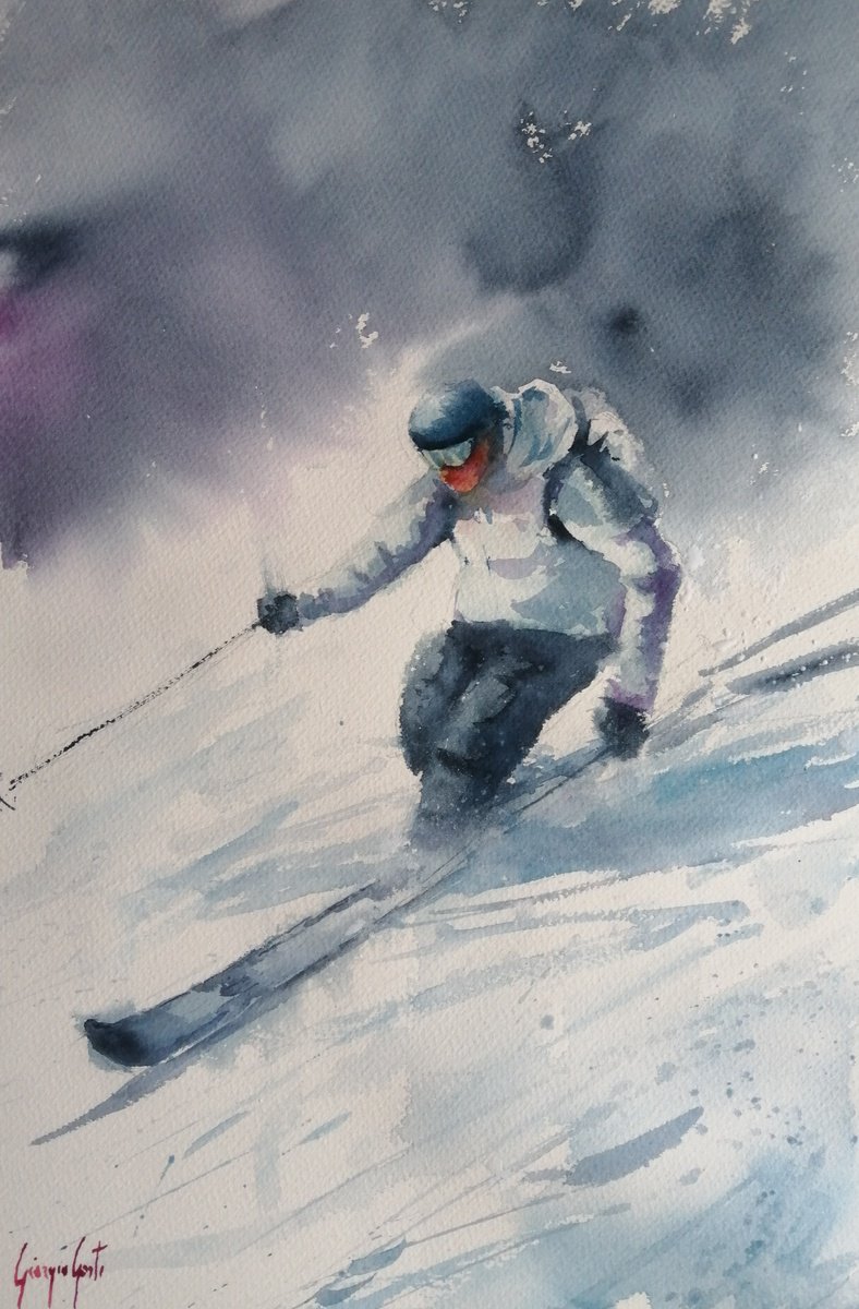 Impressionistic Watercolour , The Skier 13 By Giorgio Gosti, 14 X 21, Artwork For Sale On Artfinder
