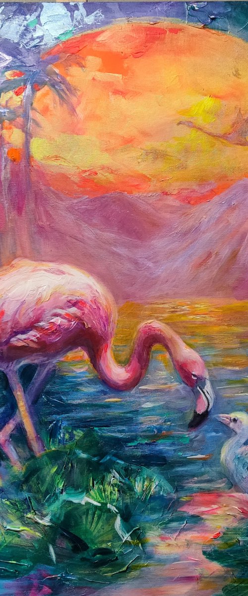 Sunset with Pink Flamingos. Impasto painting by HELINDA (Olga Müller)