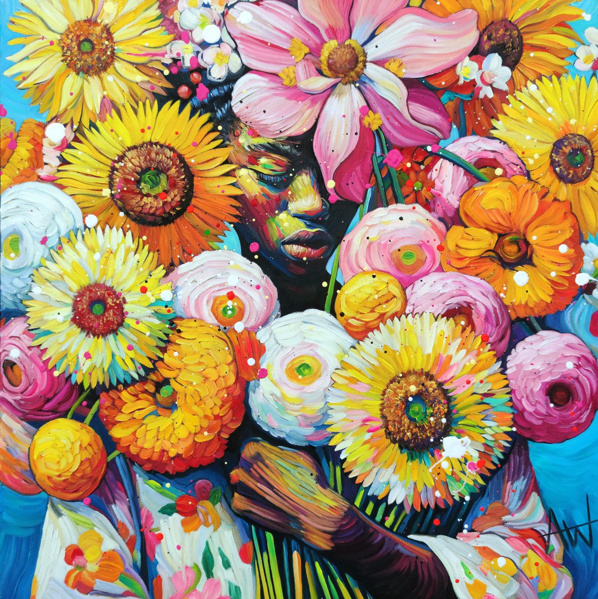 Expressive Oil Painting , Flower Girl - Floral Portrait By Angie Wright, 24 X 24, Artwork For Sale On Artfinder