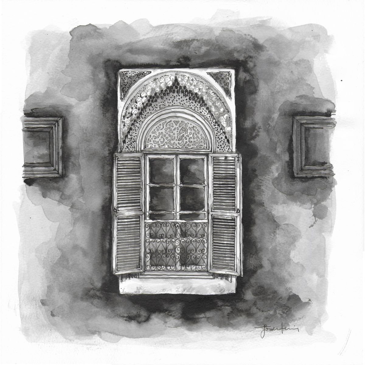 Expressive Watercolour , The Old Window / Persian Shutters By Gozde Temiz Istanbul, 12 X 12, Artwork For Sale On Artfinder
