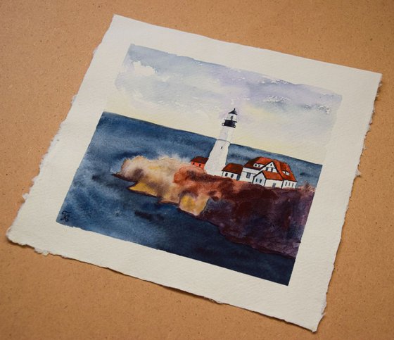 Lighthouse original watercolor painting on craft paper, sea and rocks, hygge home decor