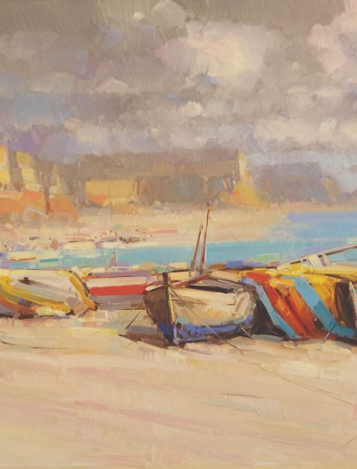 Rowboats on the Ocean Side Original oil painting  Handmade artwork One of a kind Signed with Certificate of Authenticity by Vahe Yeremyan