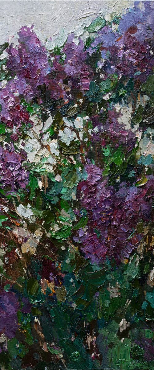 Blooming purple lilacs Original oil painting 90 x 90 cm by Anastasiia Valiulina