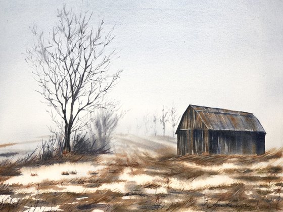 Old barn winter scene