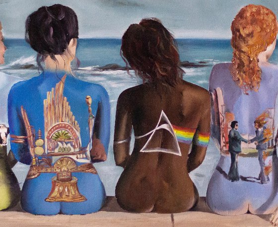 Pink Floyd. Oil painting with famous band.Women,girls.See,mountains and landscape. Sex girls